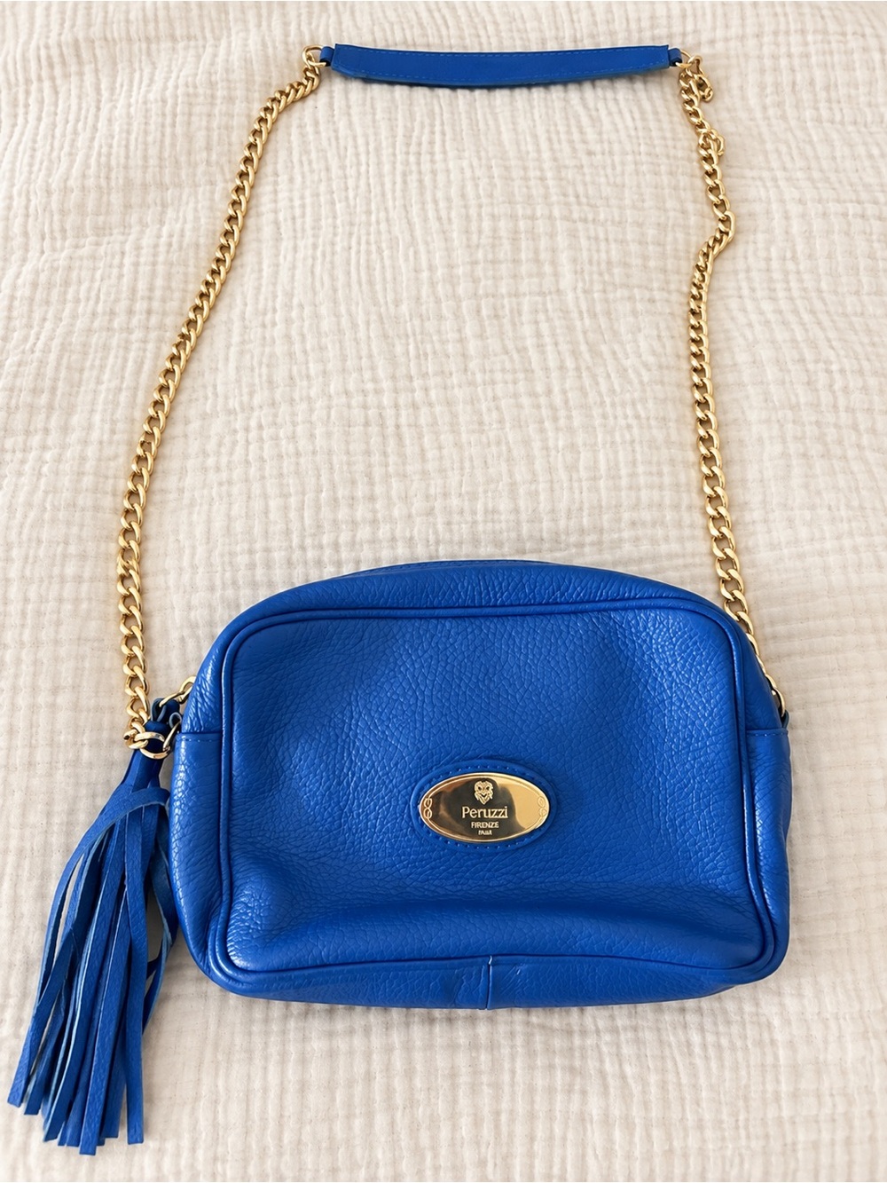 Royal Blue Leather Crossbody Bag with Gold Chain